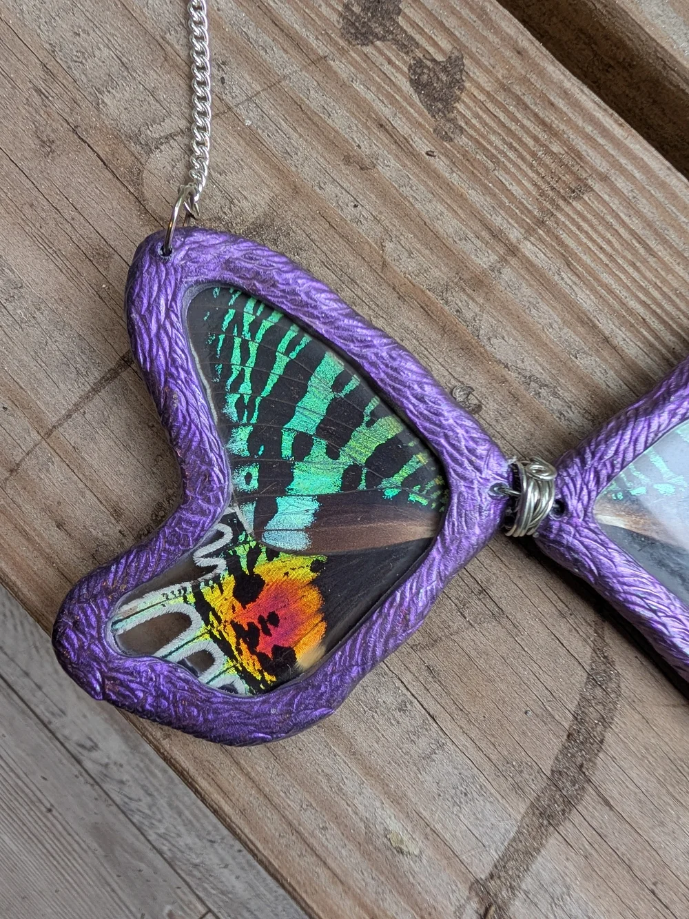 Hand Crafted Purple Butterfly Wing Necklace with Teal and Orange Accents